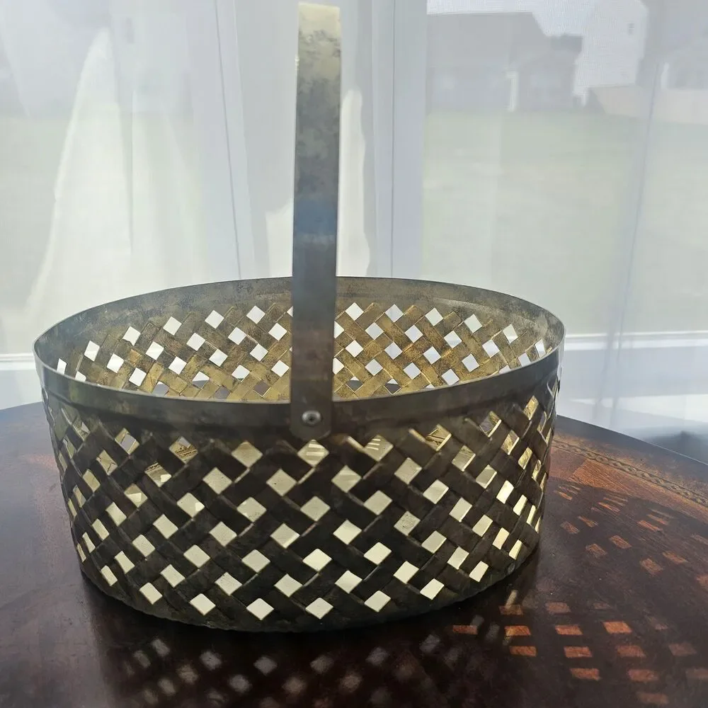 Vintage Silver-Plated Lattice Basket – Open Weave Metal Storage